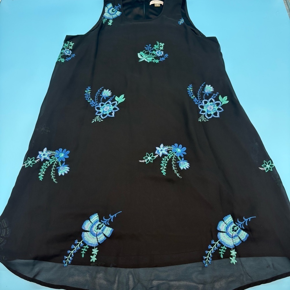 Calvin Klein Shift Knee Length Blue Embroidered Floral Dress Size 12 - Picture 6 of 8